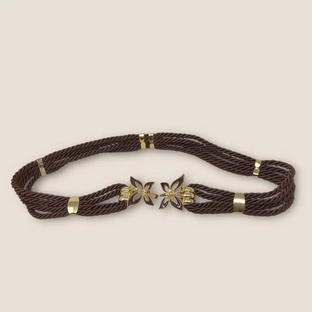 Butterfly Enameled Brown & Gold Satin Rope Belt 27